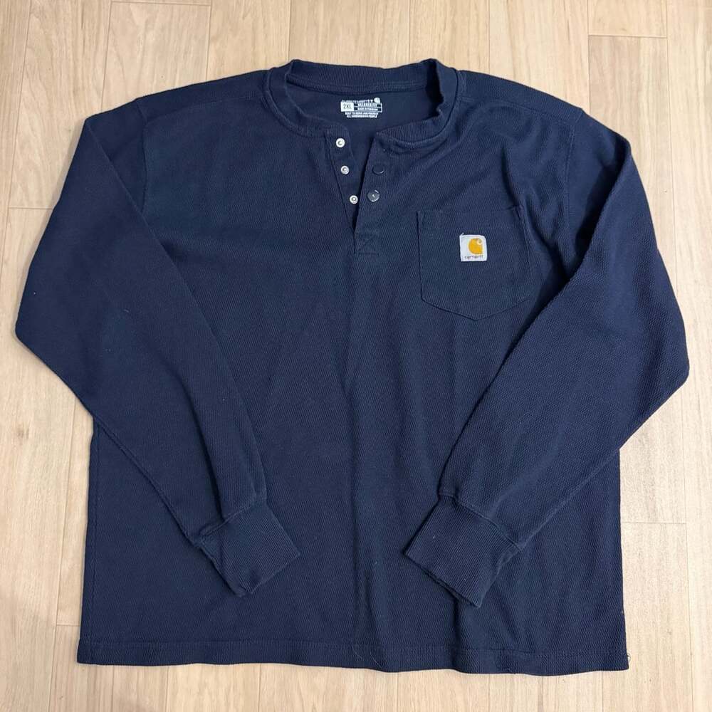 Vintage Carhartt Navy Blue Waffle Knit Henley Long Sleeve Shirt Size 2XL